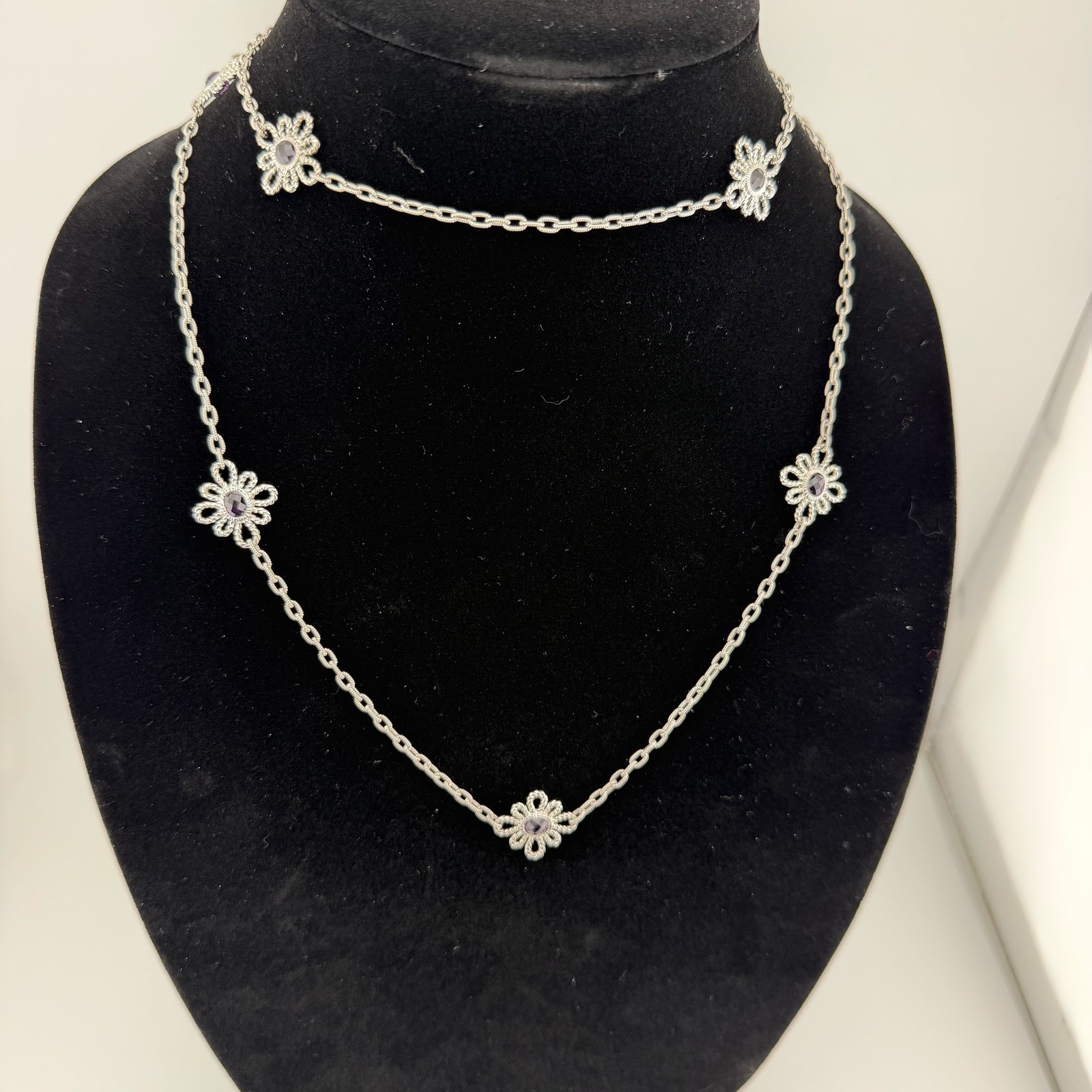Judith Ripka Amethyst Flower Station Necklace 925 Silver Cz Heart Clasp